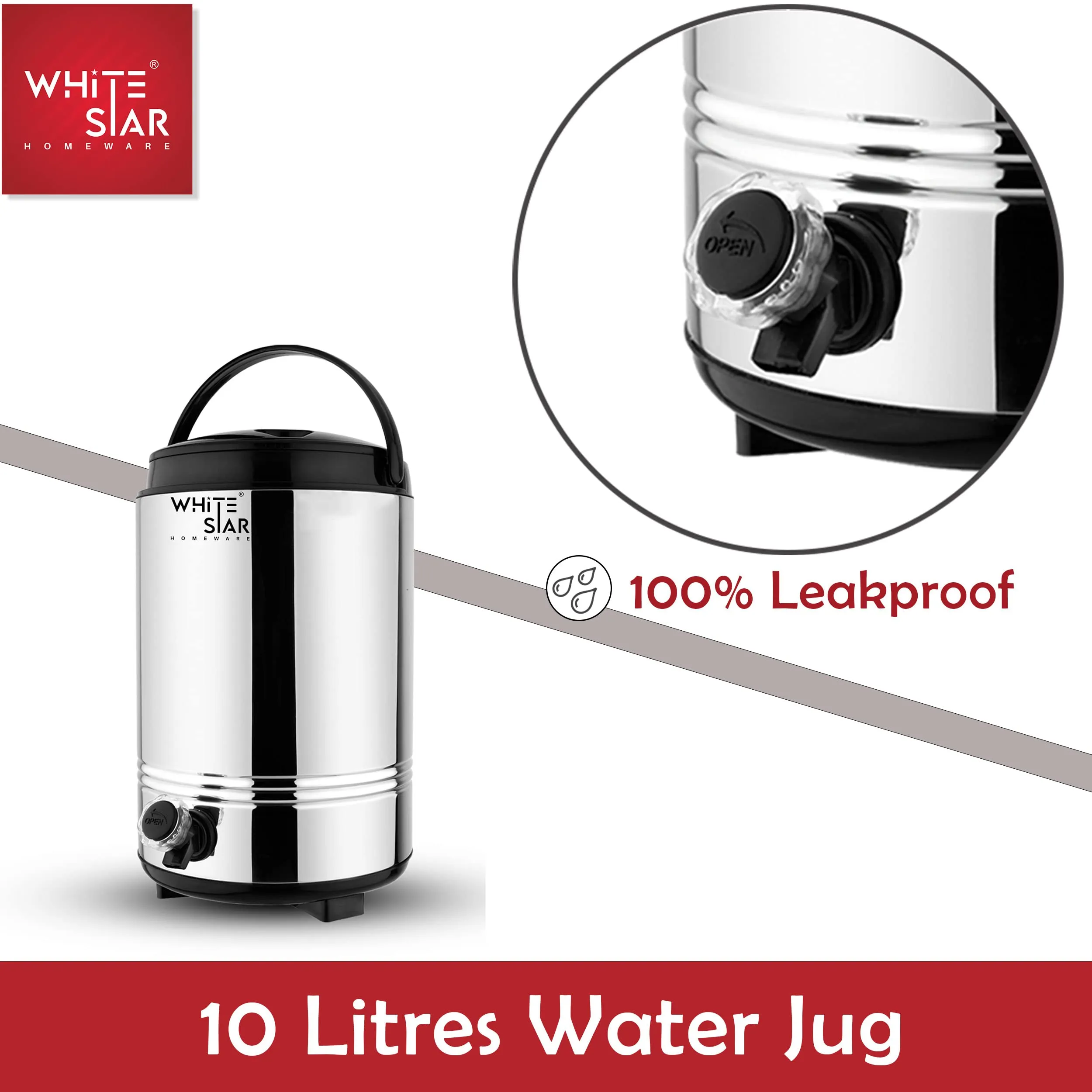 WHITESTAR Hot and Cold Water Dispenser for Office Kitchen - 10 Liters, Silver - Double Walled PUF Insulated Stainless Steel Water Jug/Containers with Tap - Easy to Carry Handle, Durable & Sturdy