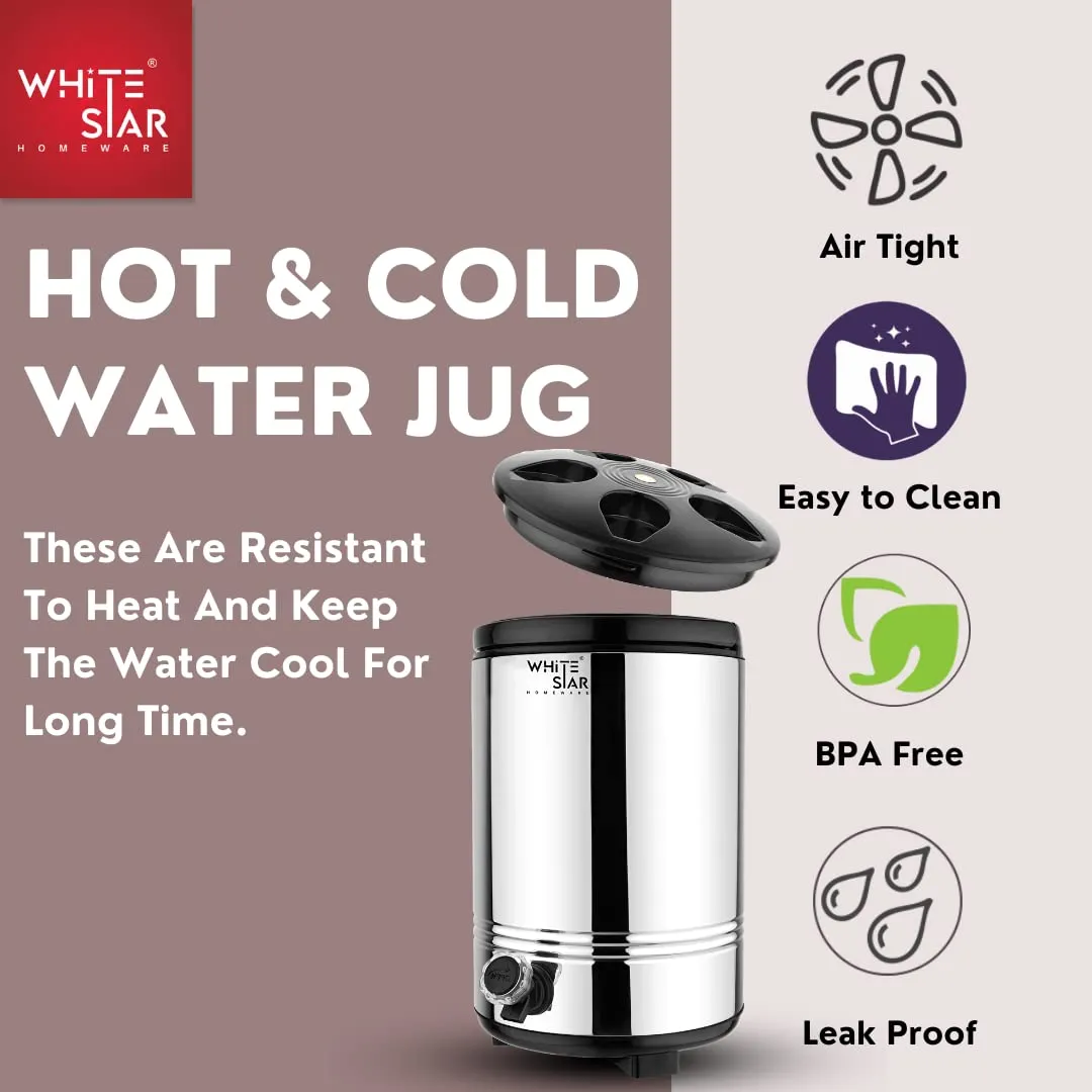 WHITESTAR Hot and Cold Water Dispenser for Office Kitchen - 10 Liters, Silver - Double Walled PUF Insulated Stainless Steel Water Jug/Containers with Tap - Easy to Carry Handle, Durable & Sturdy