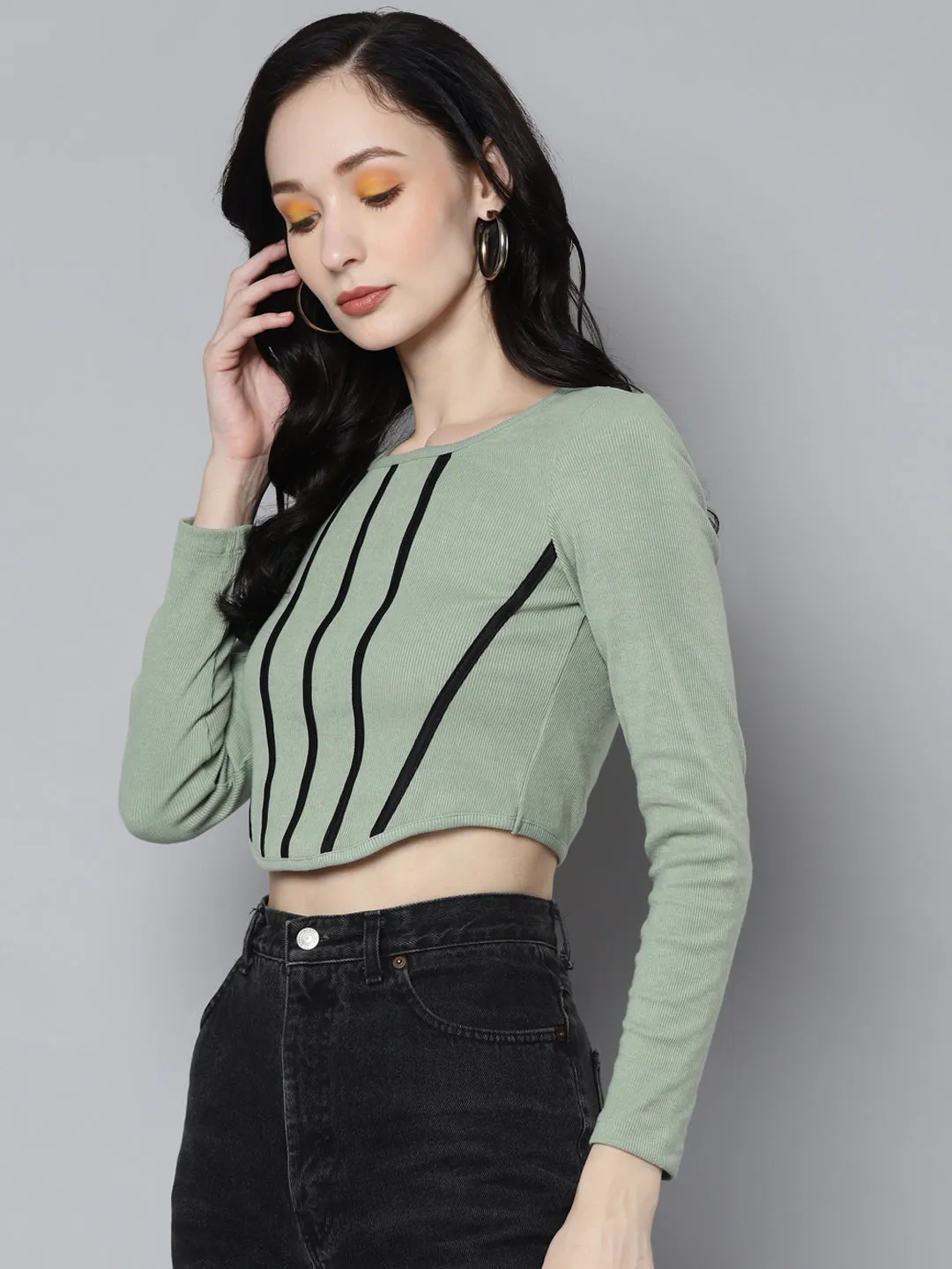 Women Olive Rib Long Sleeves Square Neck Crop Top