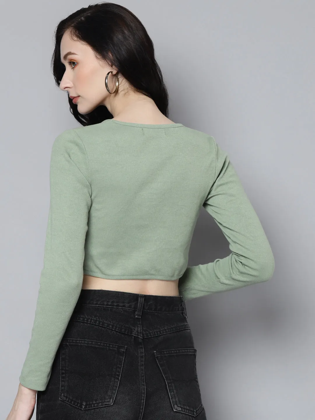 Women Olive Rib Long Sleeves Square Neck Crop Top